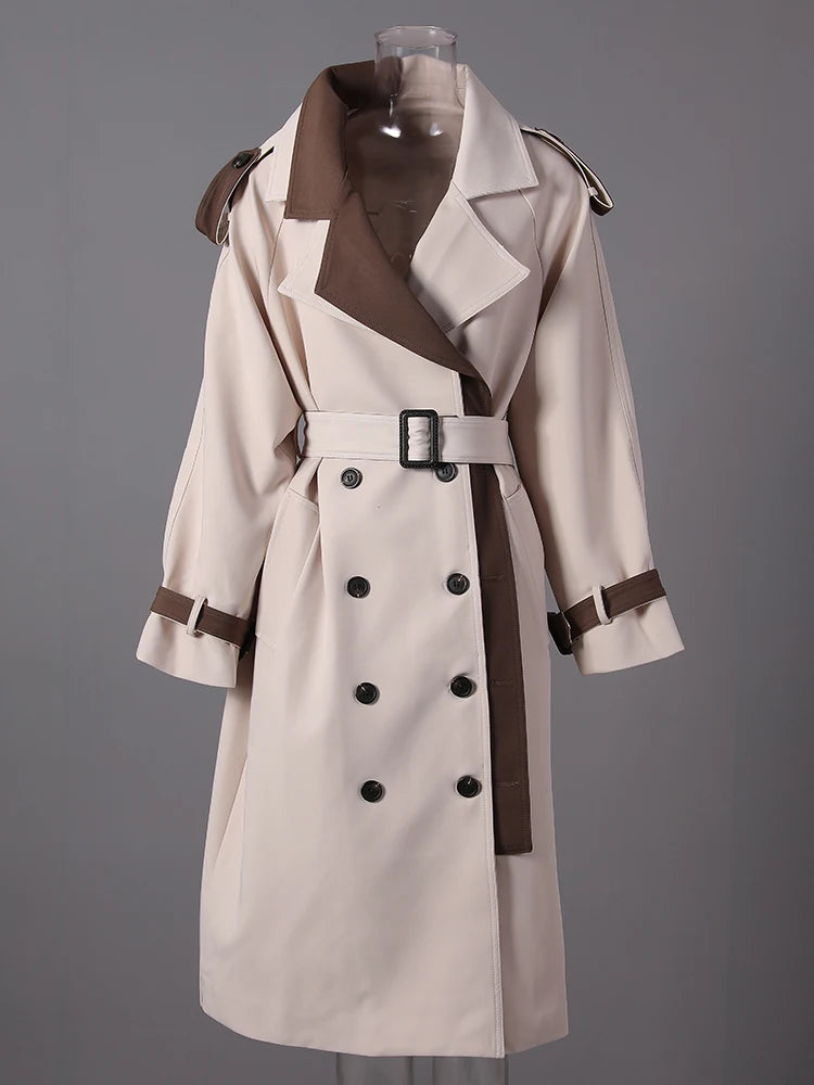 Women Beige Color-block Big Size Long Trench New Lapel Long Sleeve Windbreaker Fashion Tide Spring Autumn 2025 2DA7020