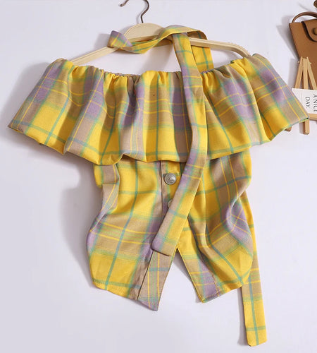Women's Sweet Off Shoulder Yellow Plaid Patchwork Ruffle Edge Short Sleeved T-shirt Pink Slim Top Korean Fashion Summer 2024 New