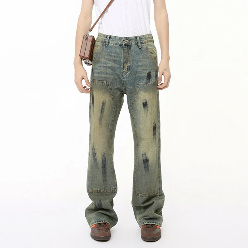 High Street Men's Jeans Worn-out Graffiti Painting Contrast Color Casual Denim Pants Straight Menwear Stylish 9C6500