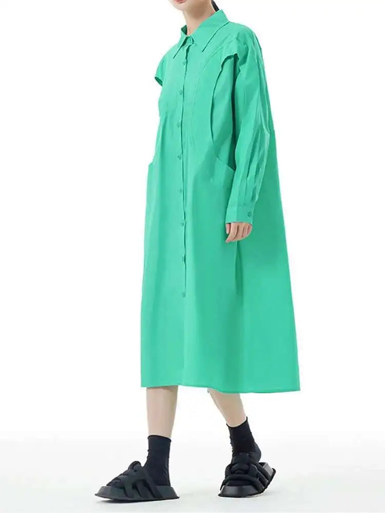 Women Green Rose Red Spliced Big Size Midi Shirt Dress New Lapel Long Sleeve Fashion Tide Spring Autumn 2025 1DH5167