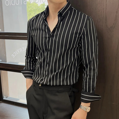 Load image into Gallery viewer, Striped Men&#39;s New Long Sleeved Shirts Korean Fashion Shirt Male Turn-down Collar Clothing Loose Spring Style 9W1567
