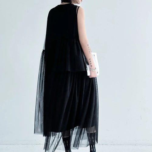 Load image into Gallery viewer, Women Black Khaki Mesh Perspctive Big Size Long Dress New Round Neck Sleeveless Fashion Tide Spring Autumn 2025  1DJ1064
