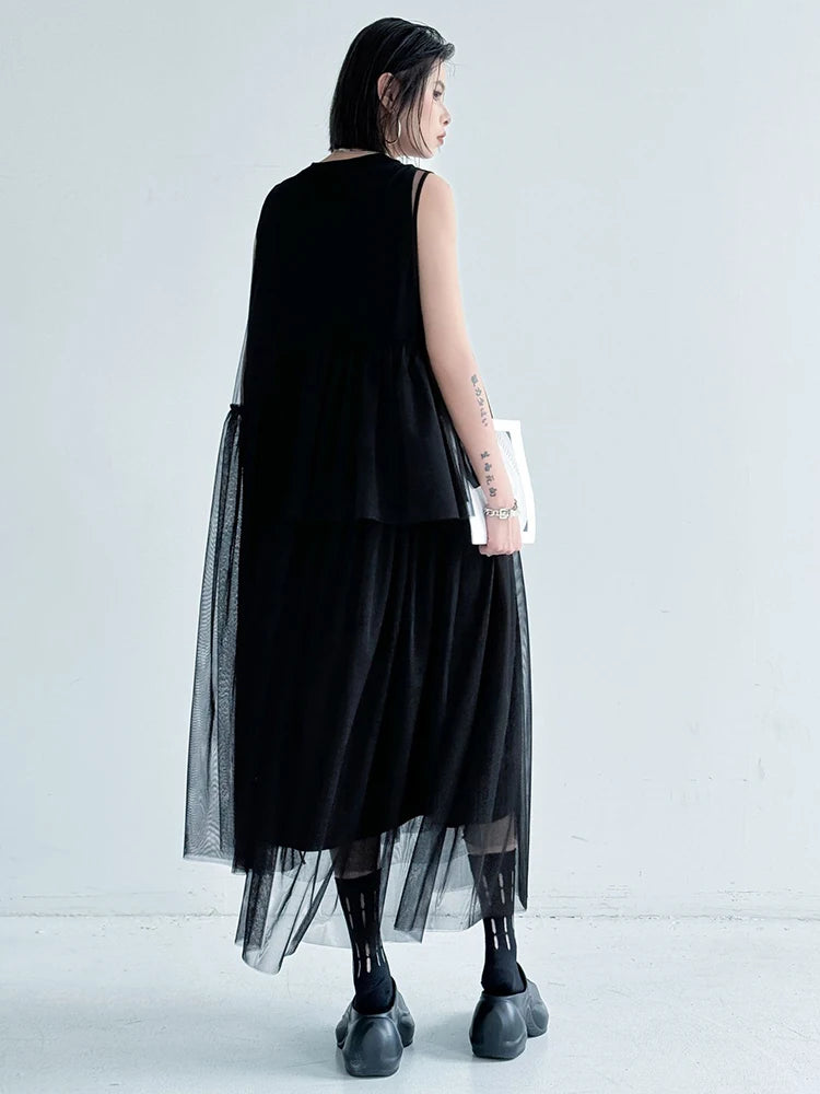 Women Black Khaki Mesh Perspctive Big Size Long Dress New Round Neck Sleeveless Fashion Tide Spring Autumn 2025  1DJ1064