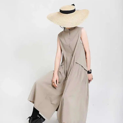 Load image into Gallery viewer, Women Khaki Split Pleated Long  Dress New Stand Collar Sleeveless Loose Fit Fashion Tide Spring Summer 2025 1Y353
