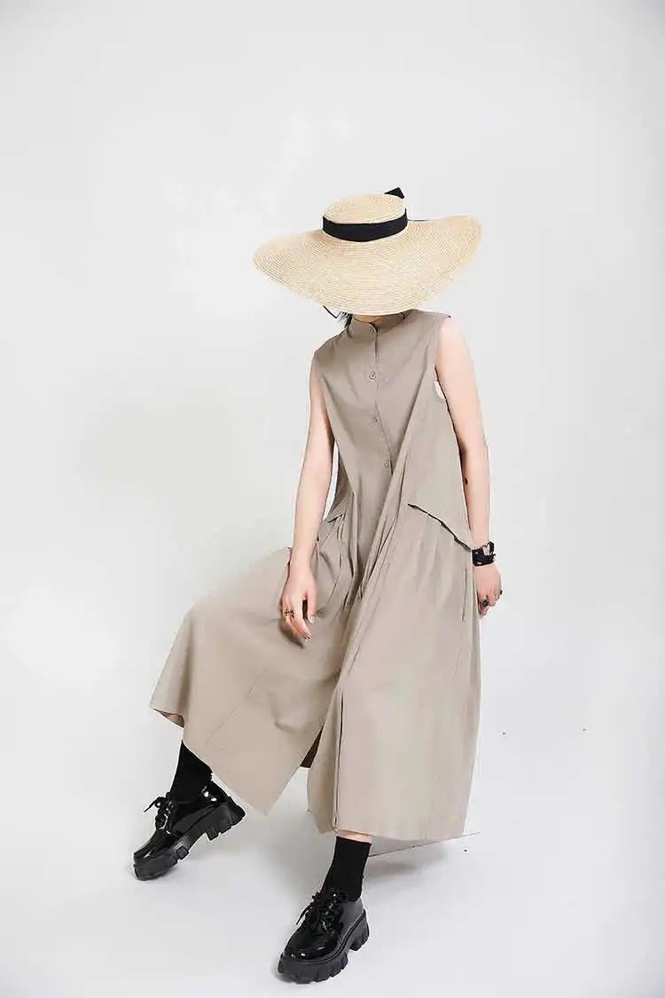 Women Khaki Split Pleated Long  Dress New Stand Collar Sleeveless Loose Fit Fashion Tide Spring Summer 2025 1Y353