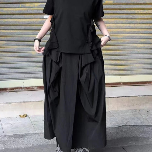 Load image into Gallery viewer, Women Black Ruffles Irregular Big Size Casual T-shirt New Round Neck Short Sleeve Fashion Tide Spring Summer 2025 1DJ0484
