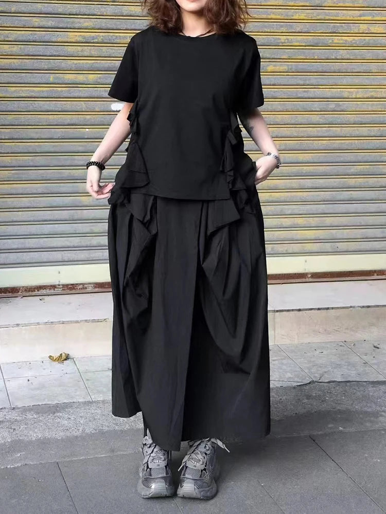 Women Black Ruffles Irregular Big Size Casual T-shirt New Round Neck Short Sleeve Fashion Tide Spring Summer 2025 1DJ0484