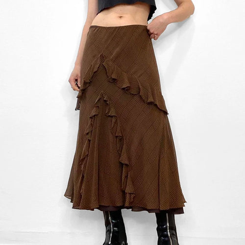 Load image into Gallery viewer, Asymmetrical Brown Boho Long Skirt Autumn Vintage Chiffon Ruffles Stitched Elegant Plaid Skirt Female Party Outfits
