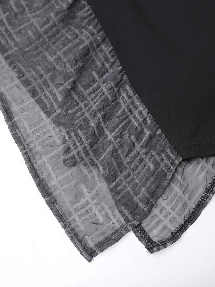 Women Black Irregular Spliced Big Size Casual T-shirt New Round Neck Short Sleeve Fashion Tide Spring Summer 2025 CPG1356