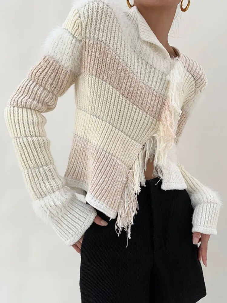 Colorblock Casual Slimming Sweaters For Women Round Neck Long Sleeve Patchwork Tassel Pullover Knit Sweater Female