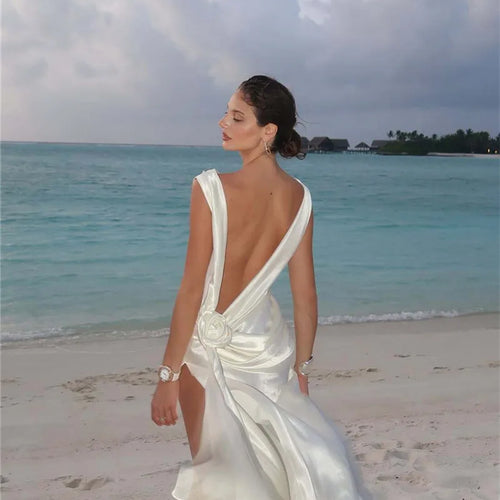 Load image into Gallery viewer, Satin Backless Sexy Maxi Dress For Women Elegant Rose Thigh High Split Beach Holiday Long Dress Gorgeous Club Gown
