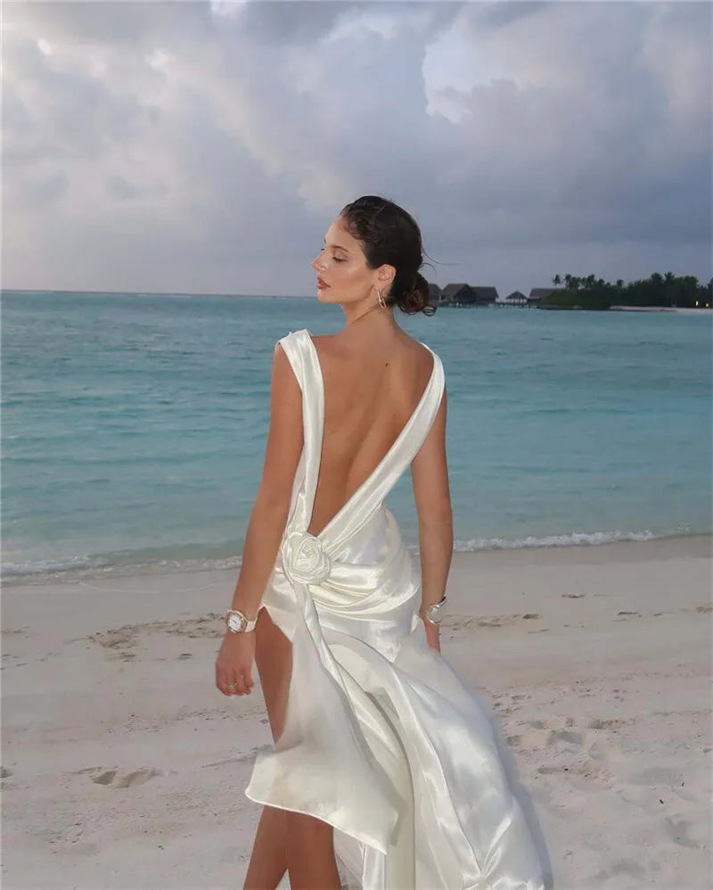 Satin Backless Sexy Maxi Dress For Women Elegant Rose Thigh High Split Beach Holiday Long Dress Gorgeous Club Gown
