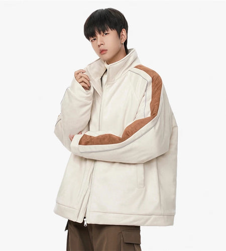 High Street Men's Padded Jackets Stand Collar Suede Fabric Patchwork Contrast Color Casual Male Clothing American 9C8544