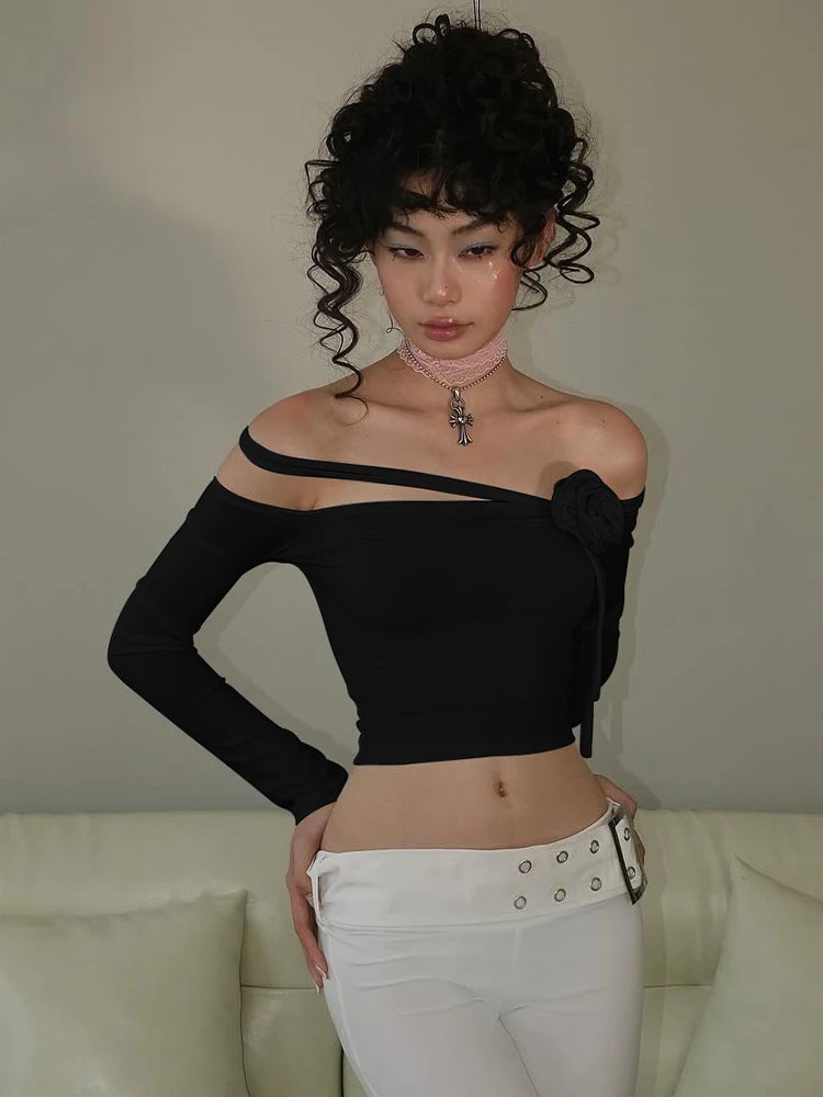 Women 2 Pcs Sets Solid Long Sleeve Tie Flowers Lace Up Sexy Crop Top Belt Skirt Winter Elegant Outfits Party Festival