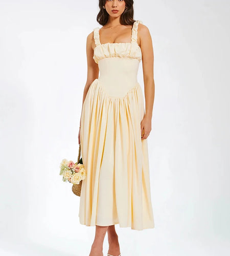 Elegant Satin Backless Midi Dress For Women High Quality Sundress Fashion Square Collar Sleeveless Loose Pleated Dress