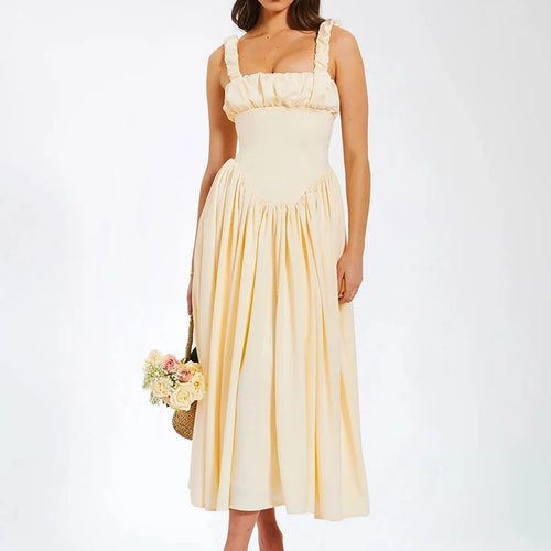 Load image into Gallery viewer, Elegant Satin Backless Midi Dress For Women High Quality Sundress Fashion Square Collar Sleeveless Loose Pleated Dress
