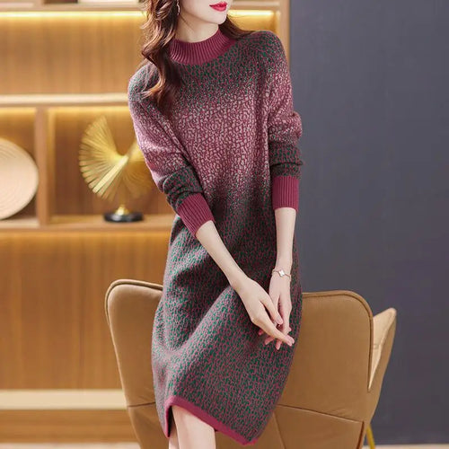 Load image into Gallery viewer, Green Gradient Loose Oversized Midi Knitted Dress Women Red Patchwork Long Sleeve Autumn Winter Thick Temperament Sweater Dress
