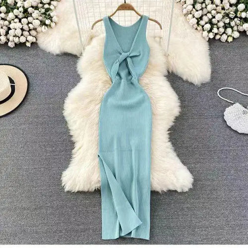 Load image into Gallery viewer, Fashion Women's Solid V Neck Elegant Sexy Club Slim Vest Long Dress Summer Vacation Backless Sleeveless Split Knitted Dress Chic
