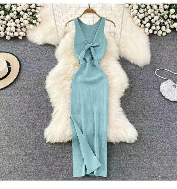 Fashion Women's Solid V Neck Elegant Sexy Club Slim Vest Long Dress Summer Vacation Backless Sleeveless Split Knitted Dress Chic