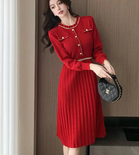 Autumn Winter Fashion Patchwork Long Sleeves Button Knitted Dresses Women's Elegant Round Neck Office Pleated Midi Dress Popular
