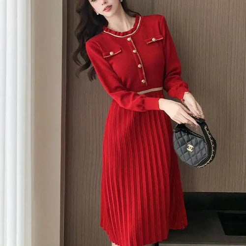 Load image into Gallery viewer, Autumn Winter Fashion Patchwork Long Sleeves Button Knitted Dresses Women's Elegant Round Neck Office Pleated Midi Dress Popular
