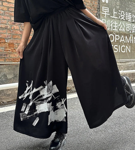 High Elastic Waist Black Pattern Printed Long Wide Leg Pants New Trousers Women Fashion Tide Spring Autumn 2025 1DJ0899