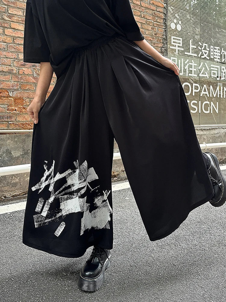 High Elastic Waist Black Pattern Printed Long Wide Leg Pants New Trousers Women Fashion Tide Spring Autumn 2025 1DJ0899