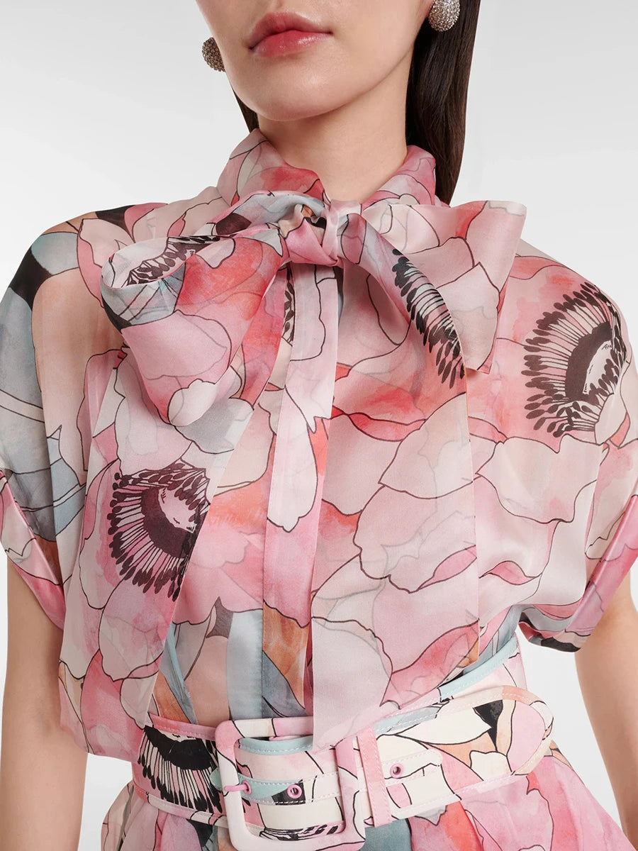 Fashion Printing Spliced Belt Long Dresses for Women Bowknot Neck Sleevesless Temperament Dress Female Clothing New