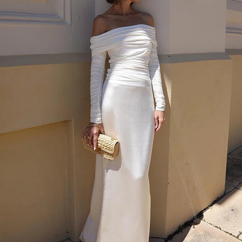 Load image into Gallery viewer, Fashion One Line Neck Long Sleeve Elastic Tight Top Wome Slim Pleated Double Layer T-shirt Top Elegance Female Partywear
