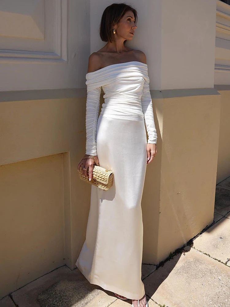 Fashion One Line Neck Long Sleeve Elastic Tight Top Wome Slim Pleated Double Layer T-shirt Top Elegance Female Partywear