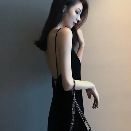 Load image into Gallery viewer, Sexy Night Club Black Slip Dress Split Backless Off Shoulder Spaghrtti Strap Party Evening Dresses  Summer
