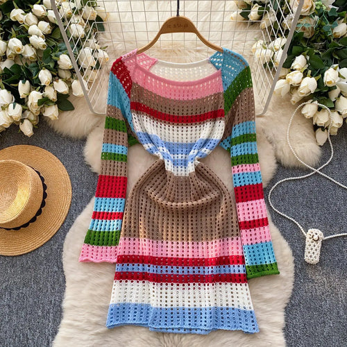 Load image into Gallery viewer, Korean 2025 Spring New Elegant Rainbow Stripe Long Sleeves Knitted Dresses Women Round Neck Hollow Out Vacation Midi Dress Trend
