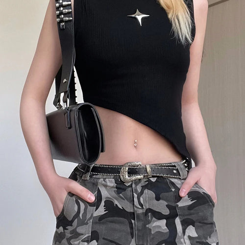 Load image into Gallery viewer, Streetwear Asymmetrical Bodycon Tanks Camis Metal Star Basic Vest Knitted Solid Summer Tops Cropped Sleeveless Tees
