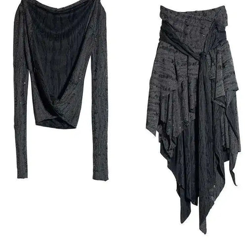 Load image into Gallery viewer, Dark Gray Knitting T-shirt Half-body Skirt Two Pieces Suit New V-Neck Long Sleeve Women Fashion Spring Autumn 2025 1DH7078
