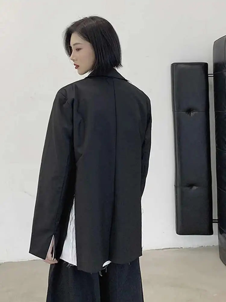 Women Black Color-block Burr Big Size Blazer New Lapel Long Sleeve Loose Fit Jacket Fashion Spring Autumn 2025 1DF1116