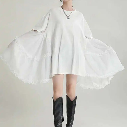 Load image into Gallery viewer, Women Black Ruffles Irregular Big Size Mini Dress New Round Neck Short Sleeve Fashion Tide Spring Summer 2025 1DH9574
