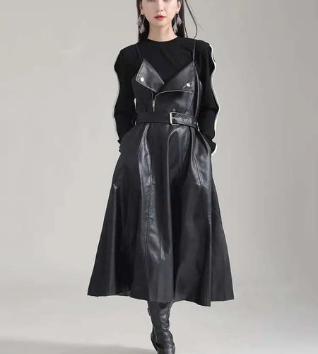 Women Black Pu Leather Belted Long A-line Dress New V-Neck Sleeveless Loose Fit Fashion Tide Spring Autumn 2025 1DH2000