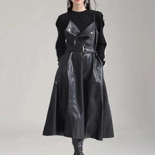 Load image into Gallery viewer, Women Black Pu Leather Belted Long A-line Dress New V-Neck Sleeveless Loose Fit Fashion Tide Spring Autumn 2025 1DH2000
