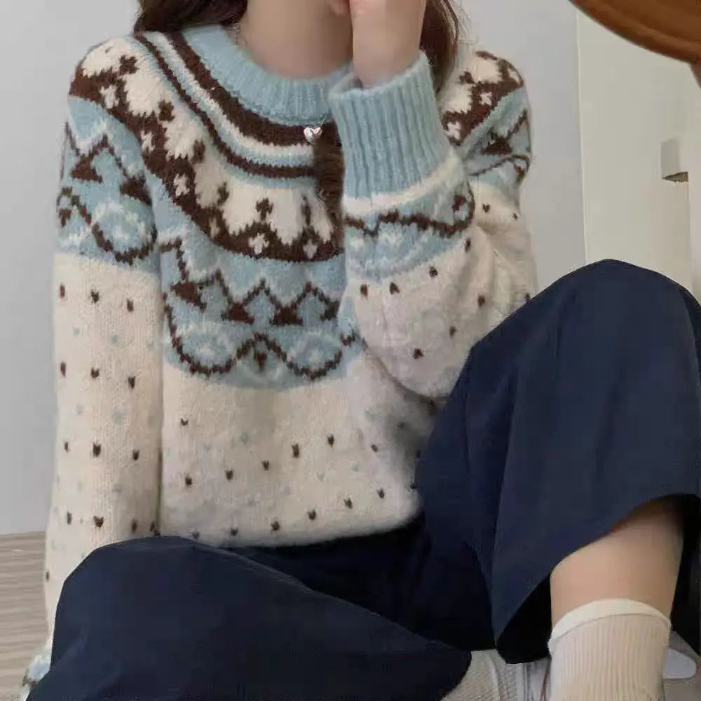 Vintage 2024 Women Pink Patchwork Elegant Knitted Sweater Autumn Winter Blue Long Sleeve Round Neck Pullover Tops Popular Trendy