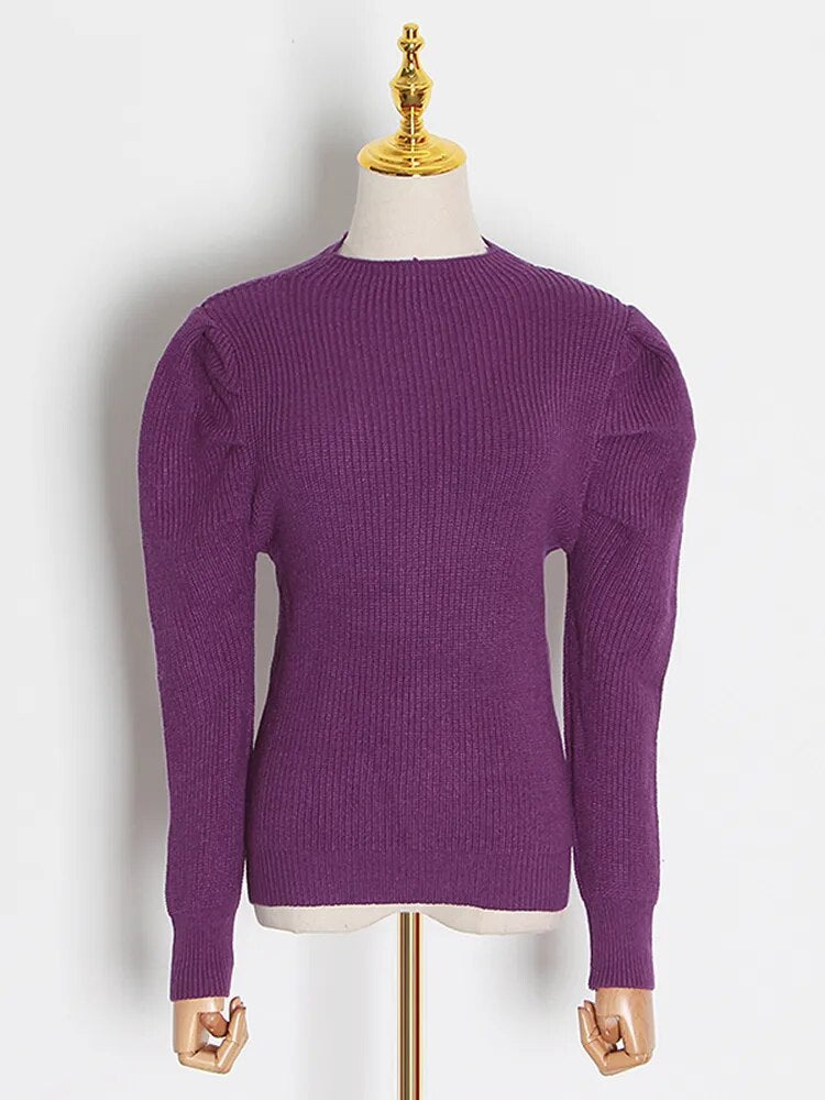 Casual Knitted Women Sweaters Round Neck Puff Long Sleeve Slim Ruched Sweater For Female Spring Fashion
