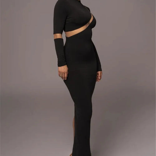 Load image into Gallery viewer, Turtleneck Long Sleeve Bodycon Maxi Dress For Women Autumn New Patchwork Hollow Out Club Party Sexy Long Dress Vestidos
