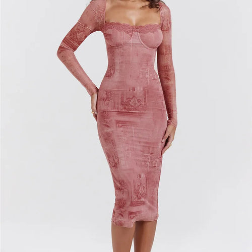 Load image into Gallery viewer, Square Collar Long Sleeve Print Sexy Midi Dress Women Autumn Winter New Bodycon Long Dresses Elegant Club Party Dress
