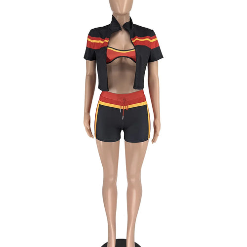 Load image into Gallery viewer, Sporty Casual 3 Piece Set Women Tracksuit Hipster Zip Short Sleeve Crop Jacket+Shorts Matching Skinny Stretch Outfits
