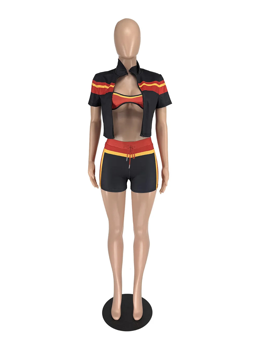 Sporty Casual 3 Piece Set Women Tracksuit Hipster Zip Short Sleeve Crop Jacket+Shorts Matching Skinny Stretch Outfits