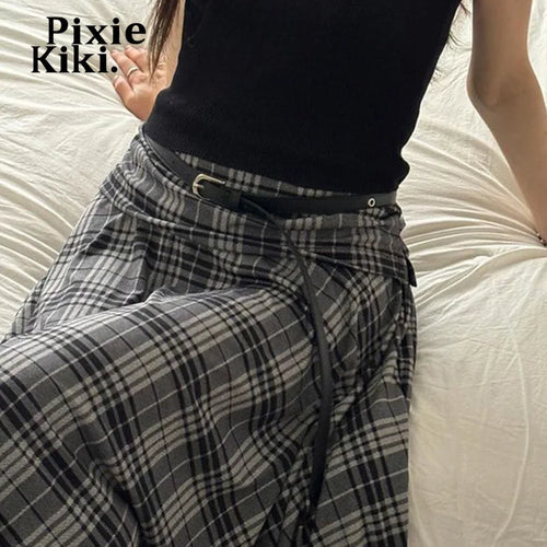 Load image into Gallery viewer, Grey Plaid Irregular Skirts Womens 2024 Fall School Girl Preppy Style Vintage Midi Skirt P84-BI20
