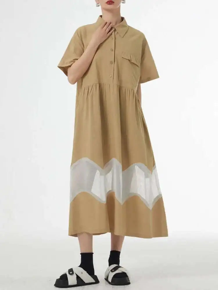 Women Blue Perspective Big Size Shirt Dress New Lapel Short Sleeve Loose Fit Fashion Tide Spring Summer 2025 1DF8791