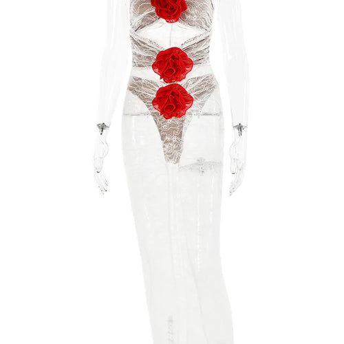 Load image into Gallery viewer, Sexy Lace Sleeveless Hollow Out Dress Women Elegant 3 Flowers Party Evening Femme Vestidos Bodycon Sheer Autumn 2023
