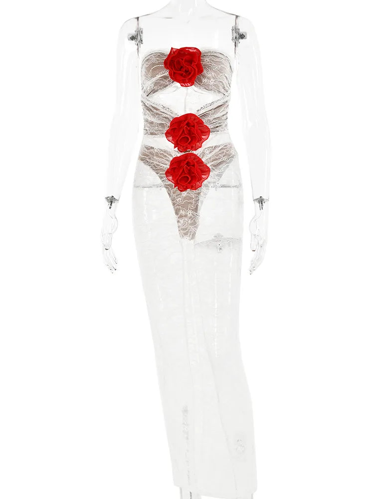 Sexy Lace Sleeveless Hollow Out Dress Women Elegant 3 Flowers Party Evening Femme Vestidos Bodycon Sheer Autumn 2023