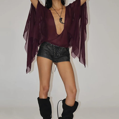 Load image into Gallery viewer, Hot Girls Mesh See Through T-Shirts Women Sexy Deep V-Neck Full Sleeve Irregular Ruffles Tassel Street Wild Style Top
