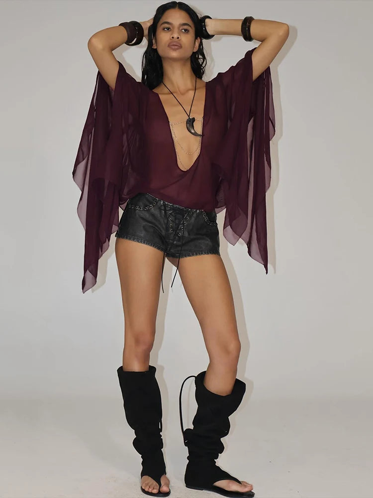 Hot Girls Mesh See Through T-Shirts Women Sexy Deep V-Neck Full Sleeve Irregular Ruffles Tassel Street Wild Style Top